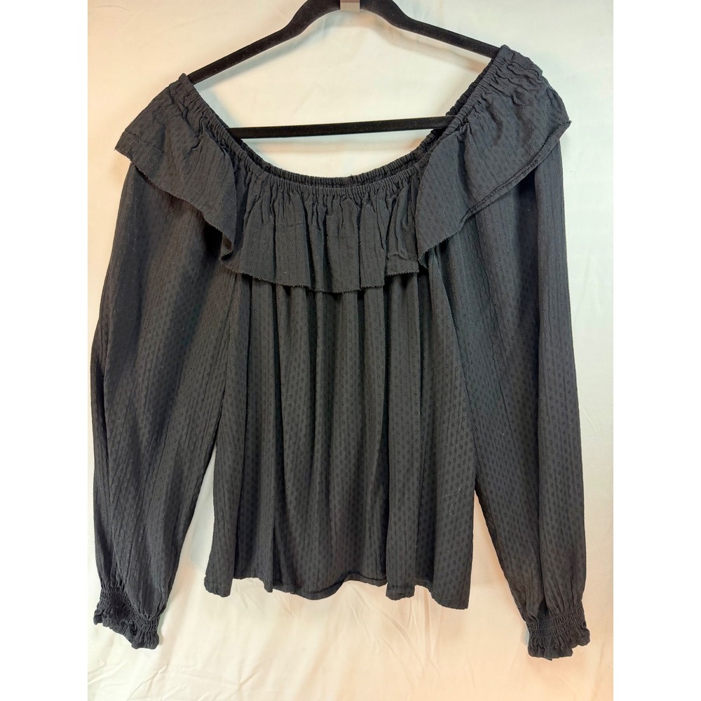 Knox Rose Black Ruffle Off‎ The Shoulder Clip Dot Blouse Medium Boho Top